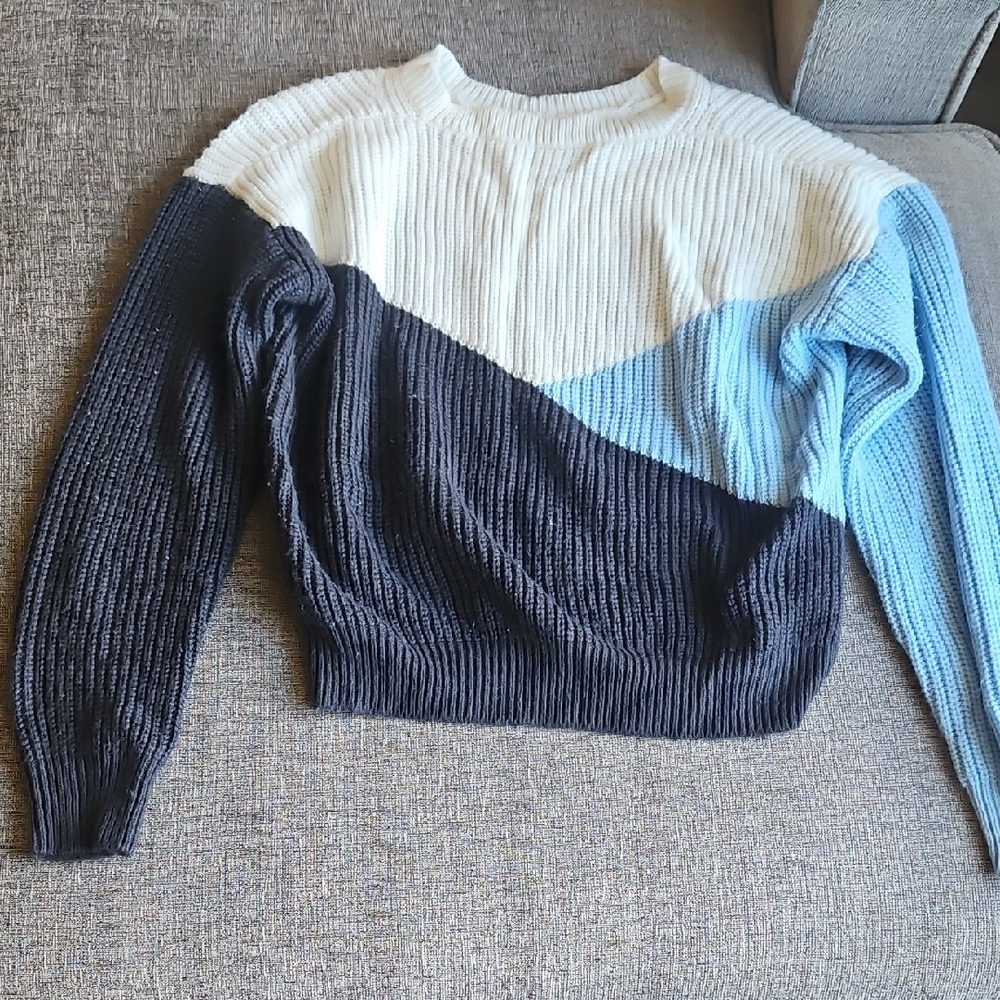 Colorblock Sweater - White, Black, and Blue